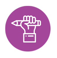 Hand holding pencil icon on purple background