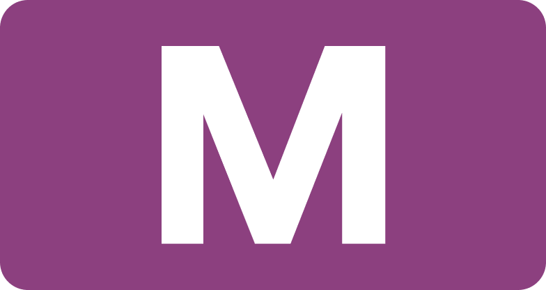 White letter M logo on purple background