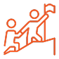 Orange outline icon of a person helping another climb up while holding a flag.